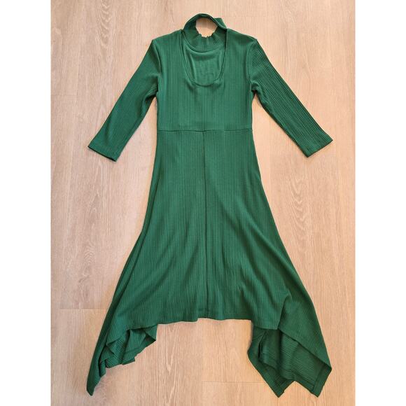 Anthropologie Green Asymmetrical Hem Midi Dress Size S Ribbed Mock Neck - Picture 2 of 4